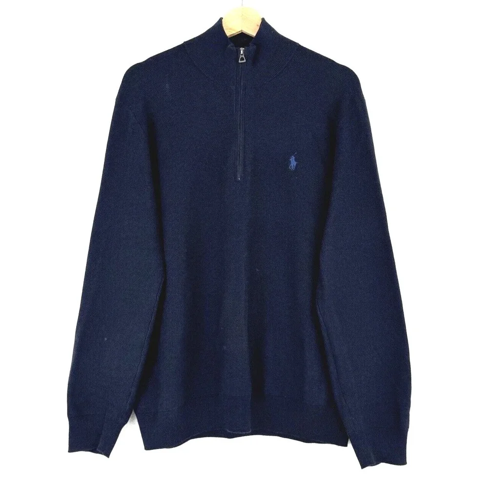 Polo By Ralph Lauren Sweater Pima Cotton Size  L 1/4‎ Zip Blue Preppy Old Money